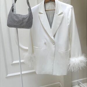 Starlow | Elegant White Feather-Trimmed Women's Blazer Dress
